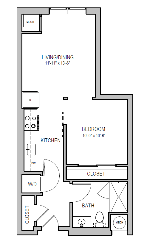 A floor plan of a small apartment with a living room, kitchen, bedroom, and bathroom.
