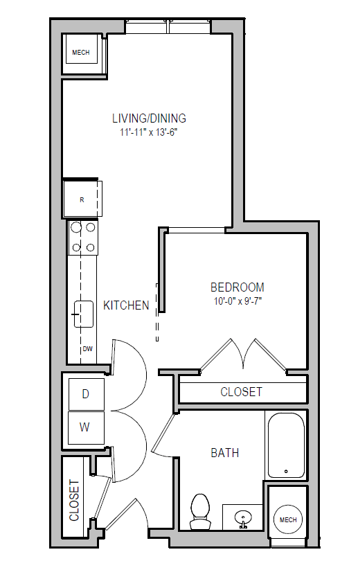 A floor plan of a small apartment with a bedroom, a kitchen, a bathroom, and a living/dining area.