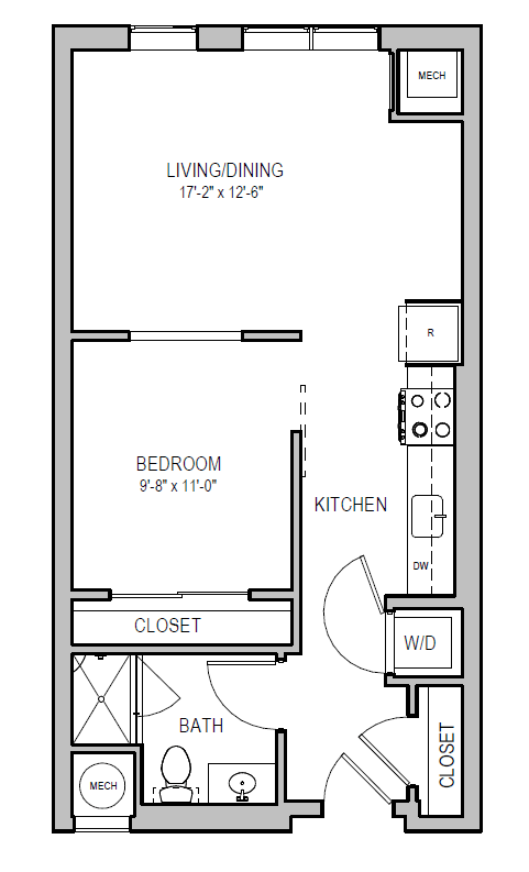 A floor plan of a small apartment with a living/dining area, bedroom, kitchen, bathroom, and closet.