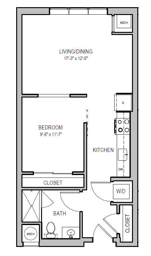 A floor plan of a small apartment with a bedroom, living room, kitchen, bathroom, and closet.