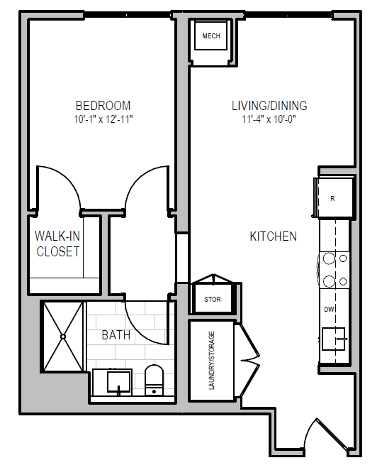 A floor plan of a home with a bedroom, living/dining area, kitchen, and bathroom.