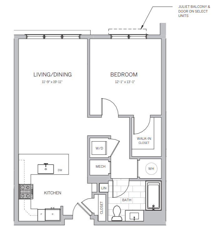 A floor plan of a small apartment with a living/dining area, kitchen, bedroom, and bathroom.