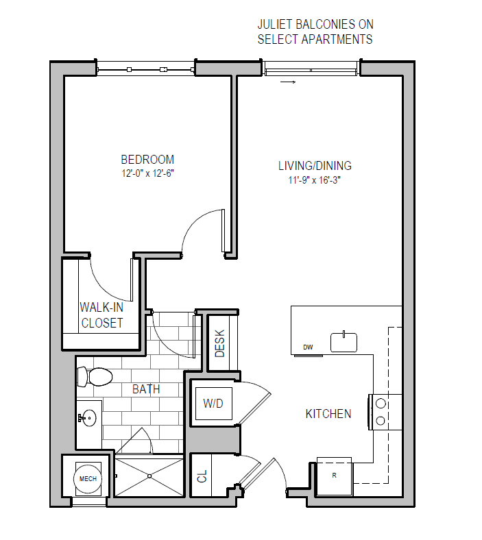 A floor plan of a Juliet balconies on select apartments.