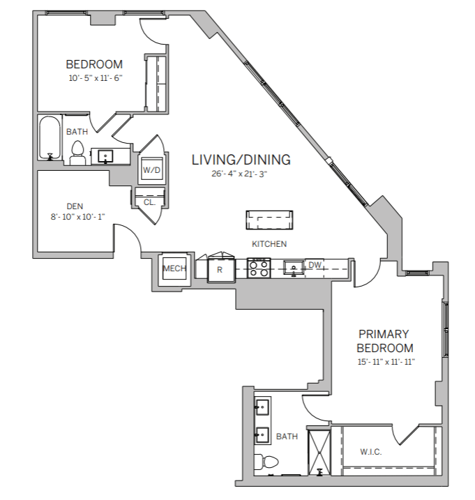 A floor plan of a house with a living room, dining room, kitchen, and two bedrooms.