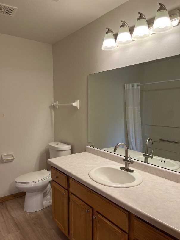 A bathroom with a toilet, sink, mirror, and lights.