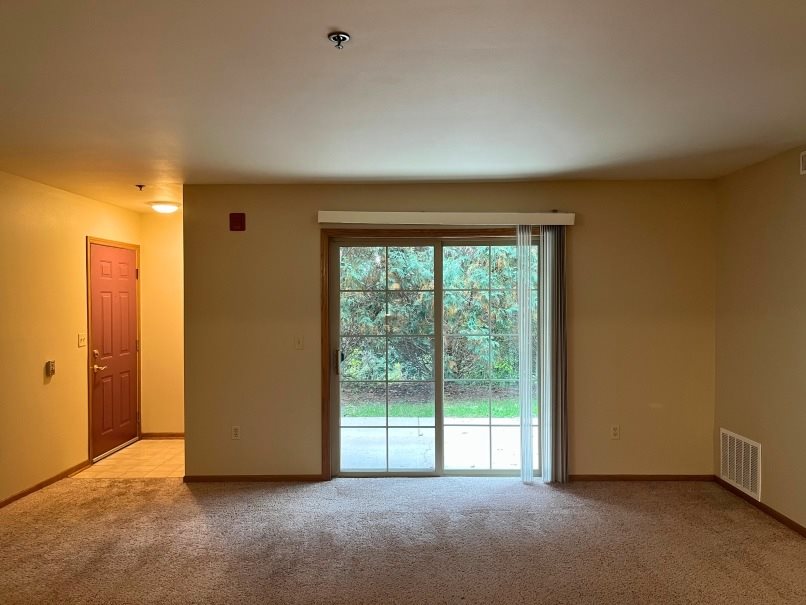 A room with a brown door and carpeted floor.