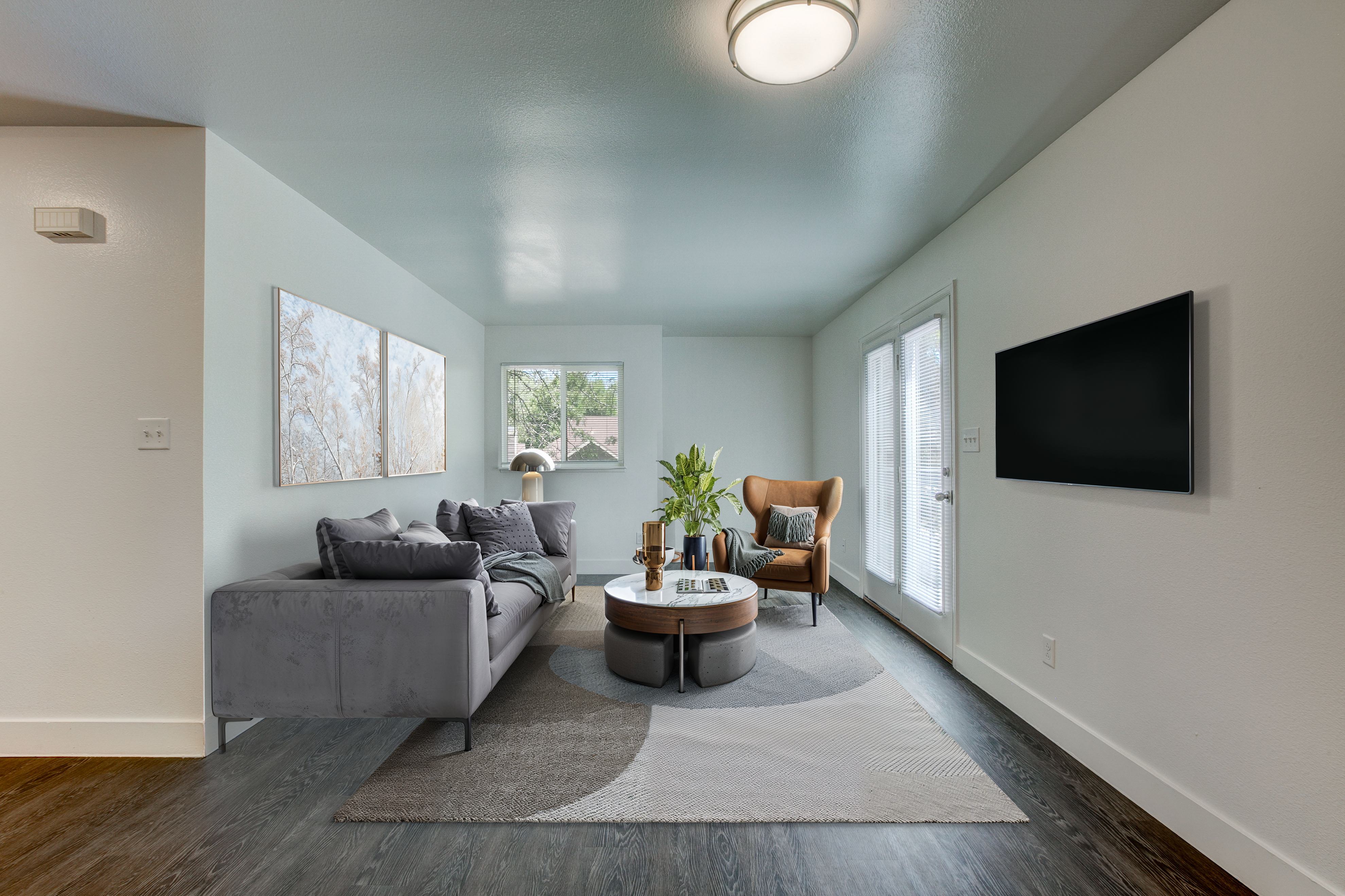 A living room with a grey couch, a coffee table, and a flat screen TV.