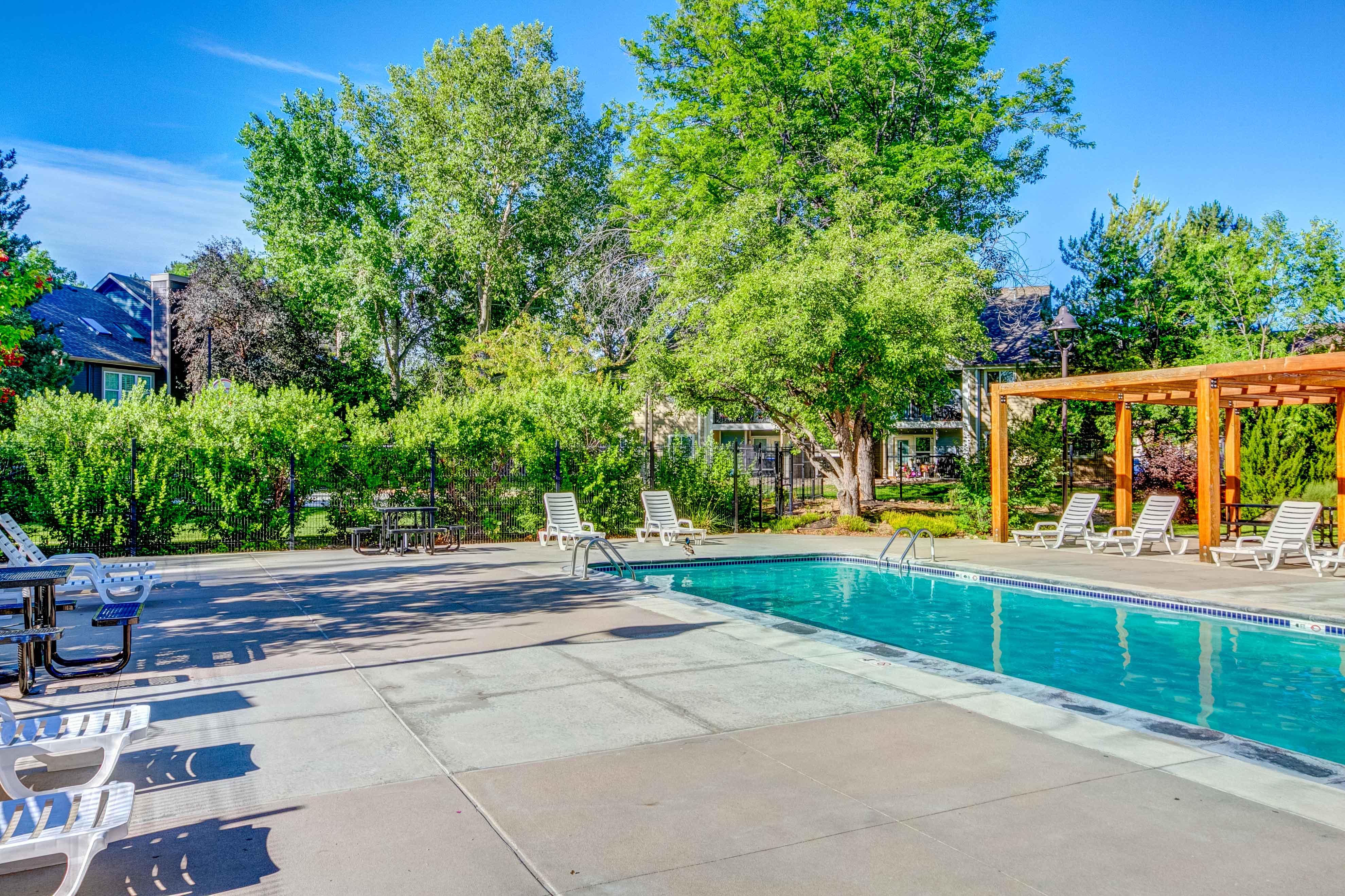A pool surrounded by trees and chairs.