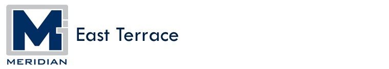 A logo with a blue letter M and the words East Terrace and Meridian.
