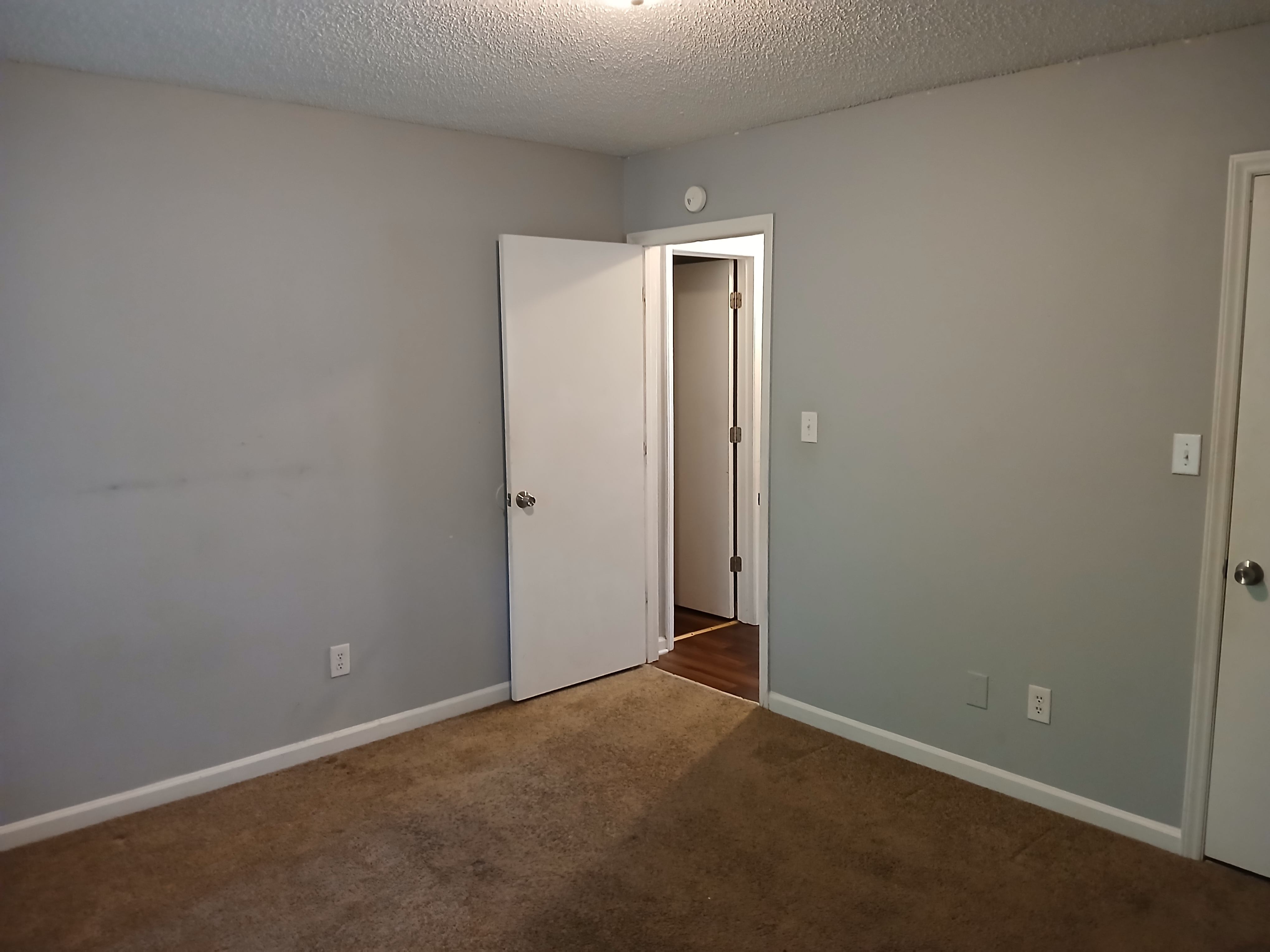 A room with a white door and carpeted floor.
