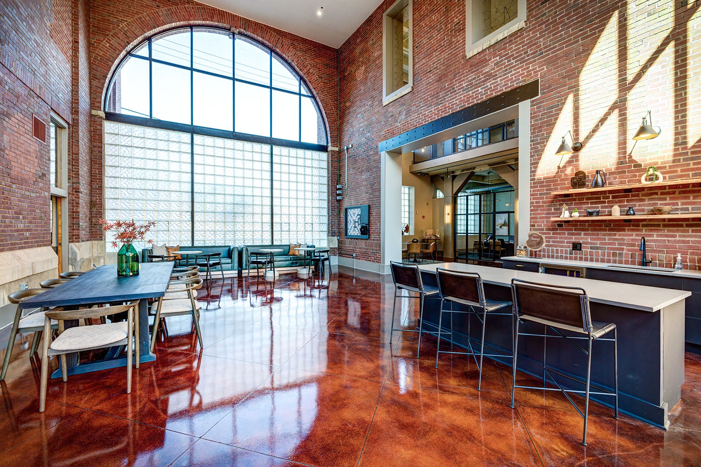 resident kitchen and dining table in the Ovaltine Court clubroom