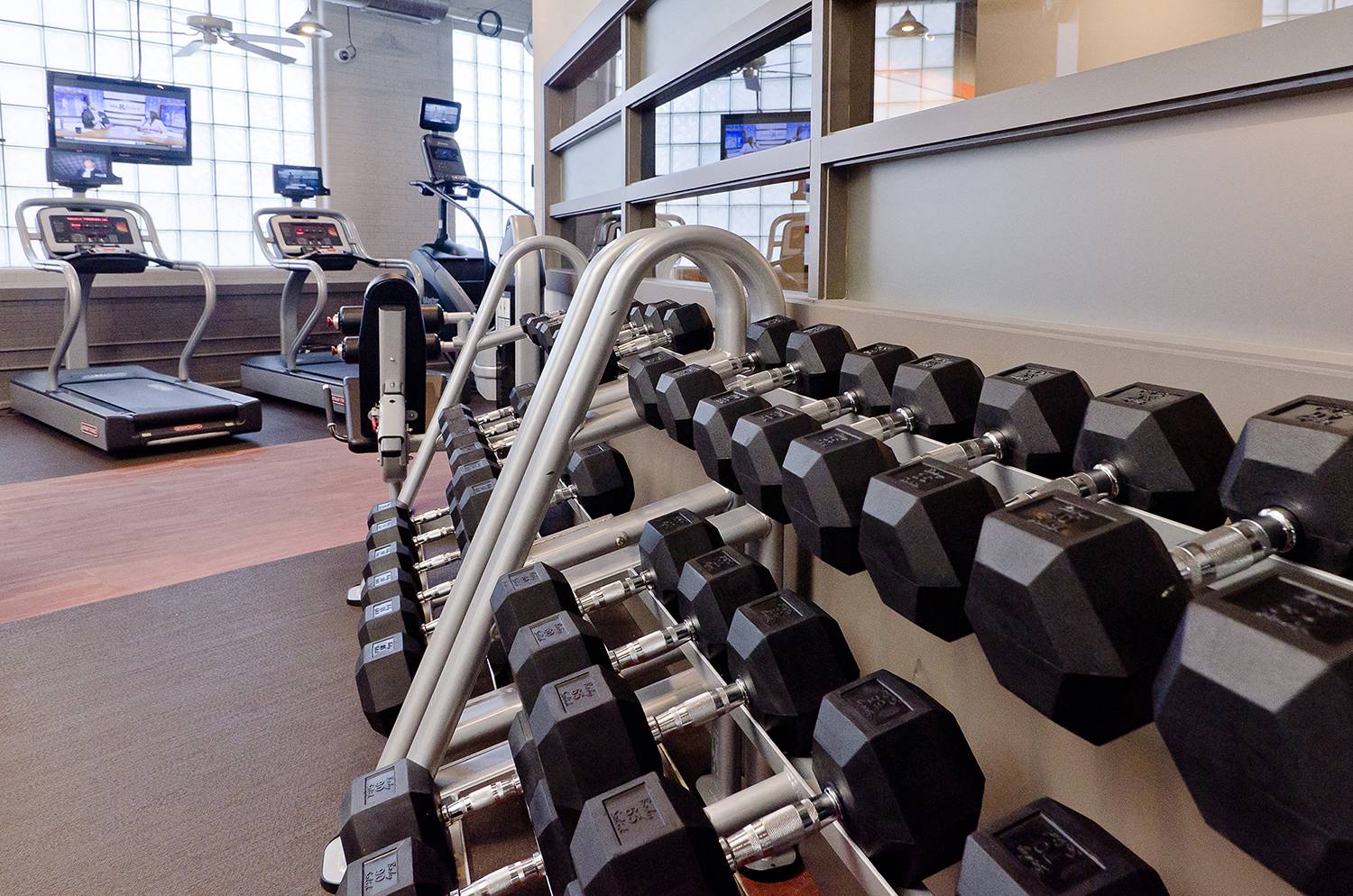 free weights in the Ovaltine Court fitness center