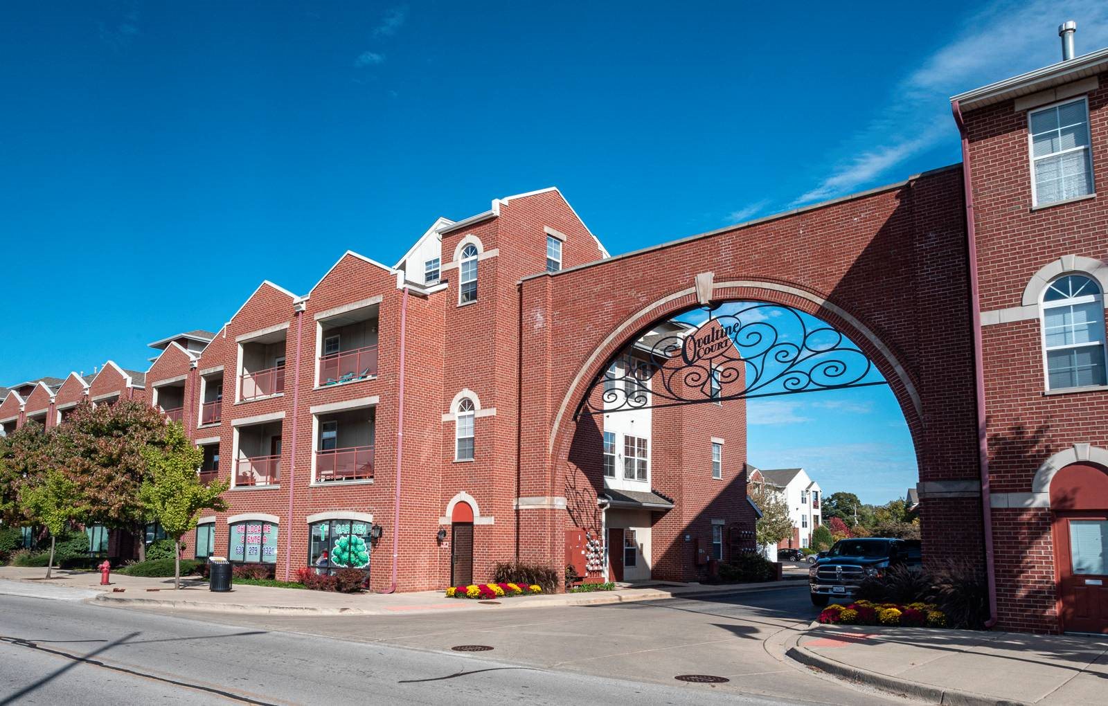 Entrance to Ovaltine Court Apartments.