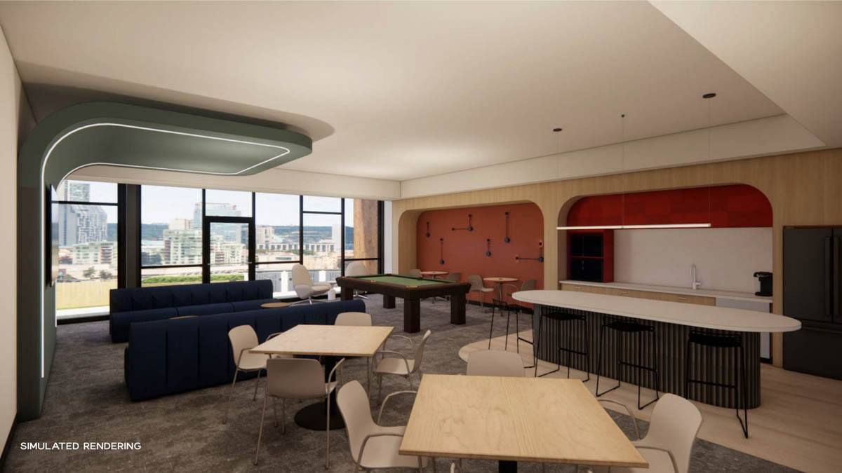 Simulated rendering of an apartment community clubroom with a pool table, blue sofas, café tables, kitchen counter seating, and large windows.