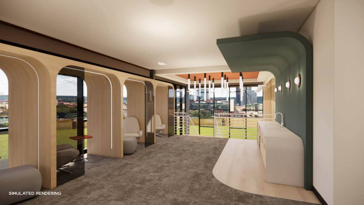 Simulated rendering of a modern apartment community amenity space with private seating nooks, pendant lighting, a sink counter, and city views.