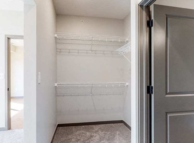 Closet space providing storage in the Bliss floor plan at Haven at Uptown in Lincoln, NE