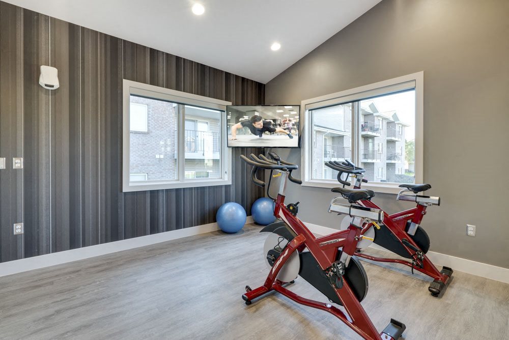 Yoga/spin studio with TV at Highland View Apartments in north Lincoln NE 68521