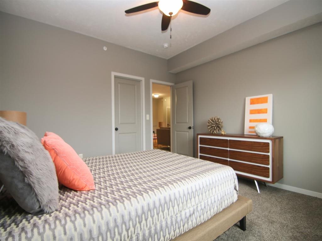 bedroom with ceiling fan at Villas at Wilderness Ridge in Lincoln Nebraska
