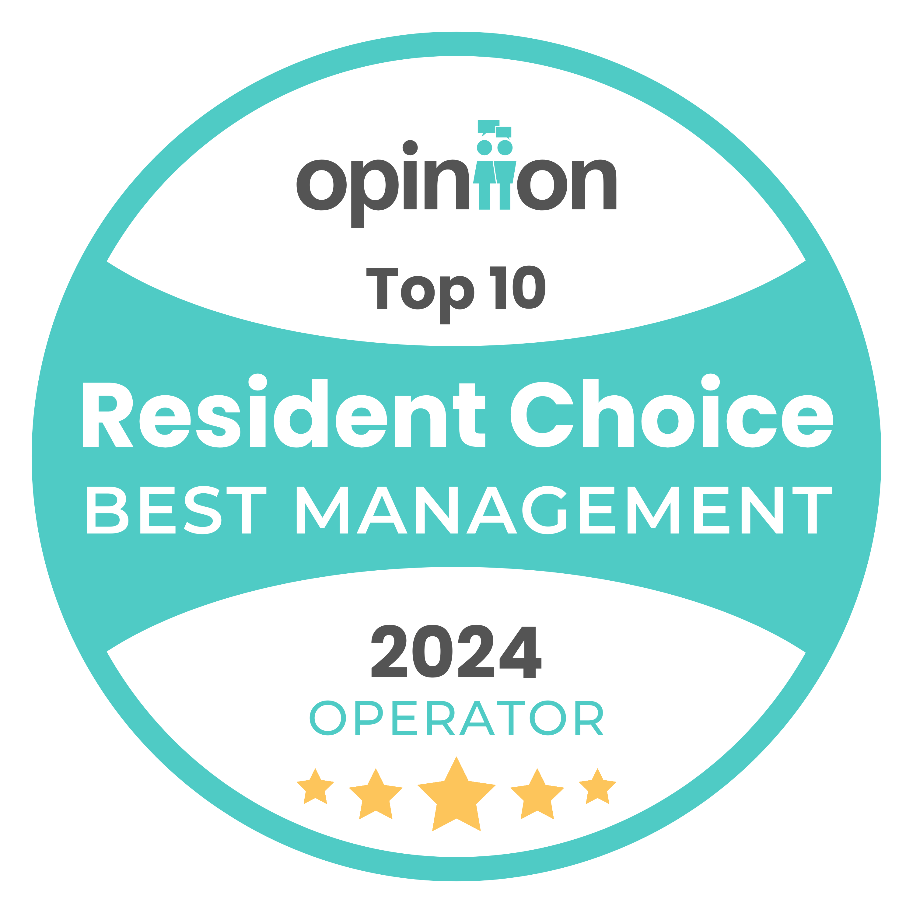 A badge indicating a top 10 resident choice award for best management in 2024