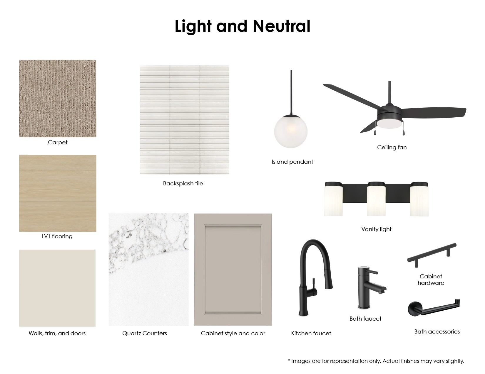 Light and neutral apartment finish palette board with beige carpet, pale LVT flooring, soft gray backsplash tile, quartz counters, taupe cabinets, and matte black fixtures and lighting.