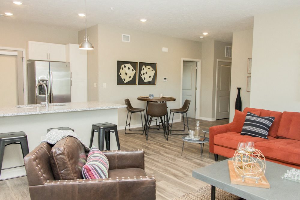 Open layout with living room and kitchen with stainless steel appliances at Villas at Mahoney Park apartments