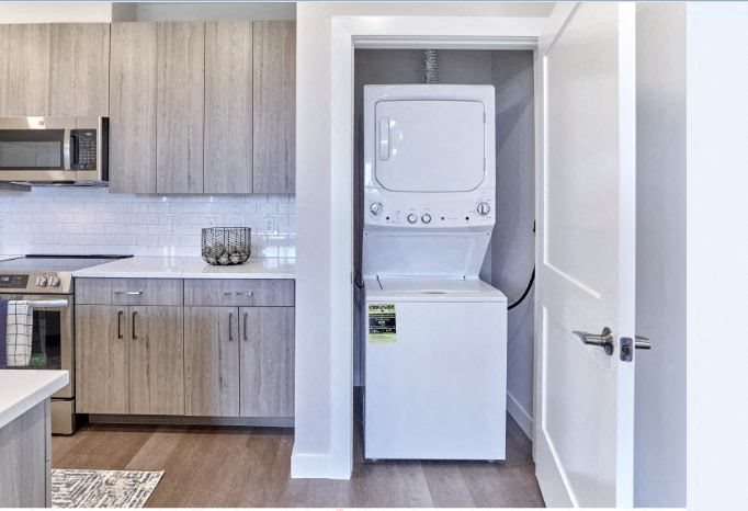a white washer and dryer in a kitchen