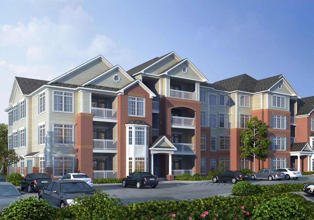 a rendering of a garden style apartment building with cars parked outside