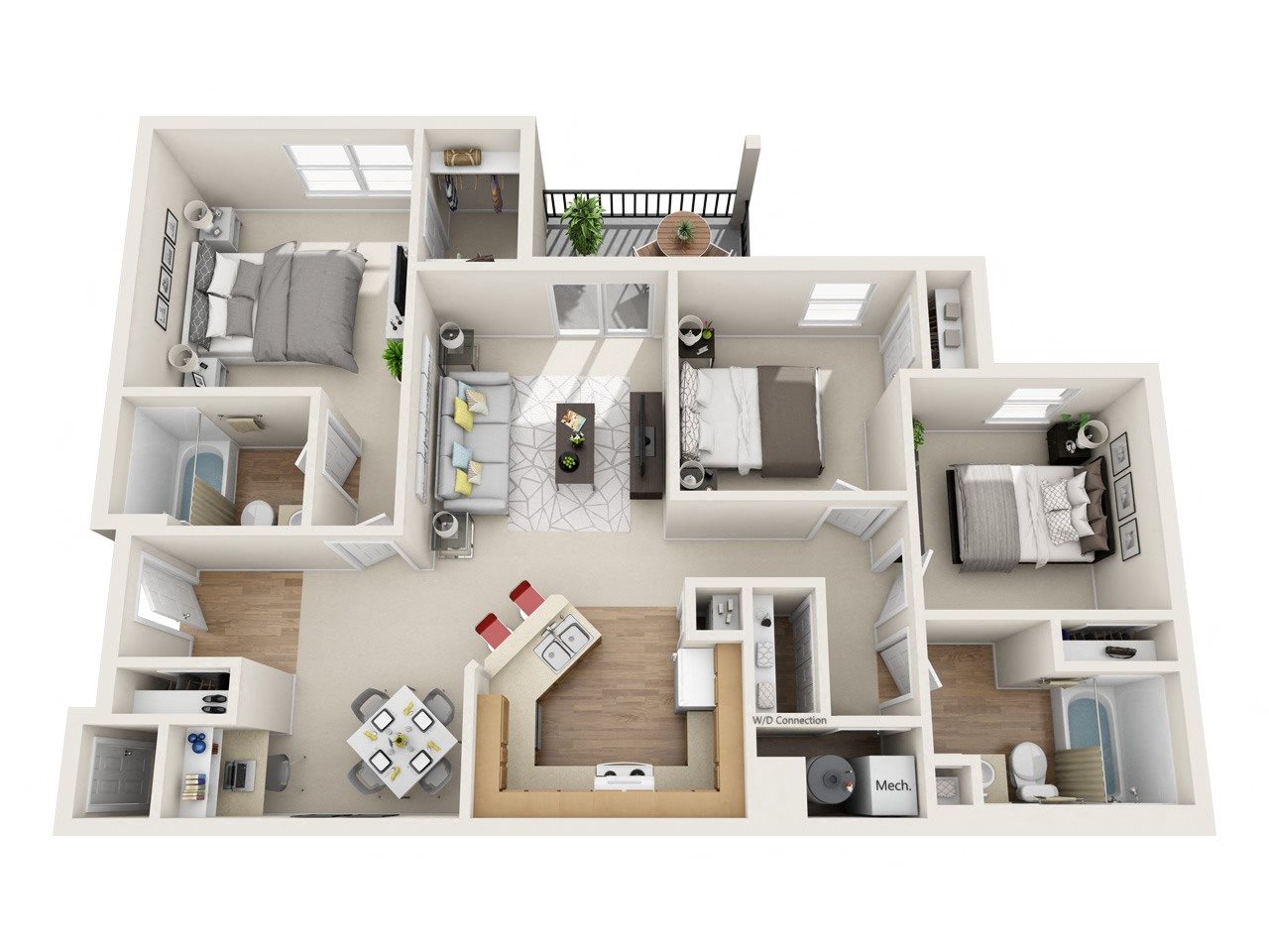 A 3D floor plan of a house with multiple rooms and furniture.