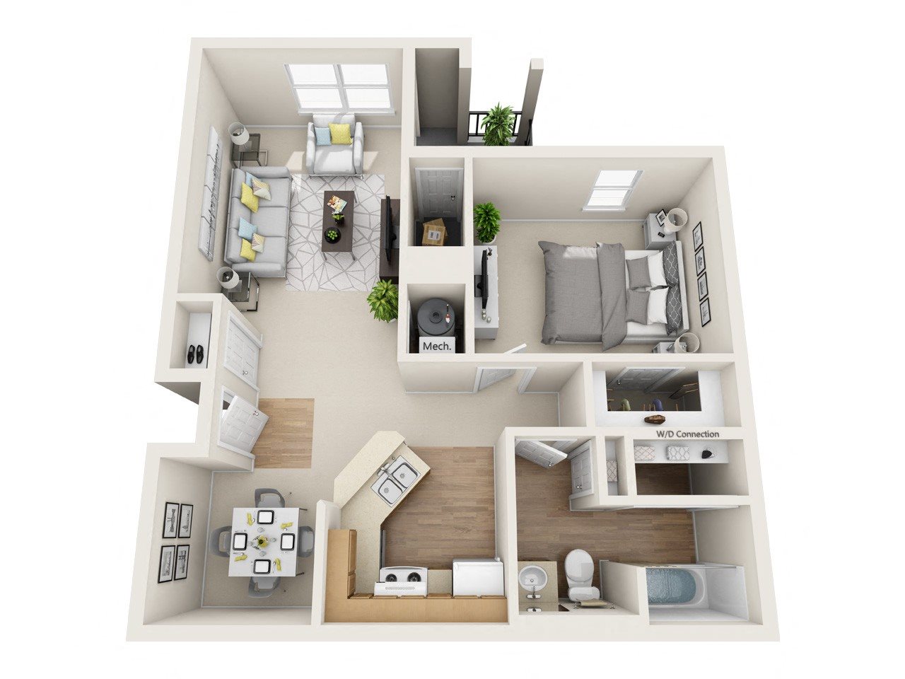 A 3D floor plan of a small apartment with a kitchen, living room, and bedroom.