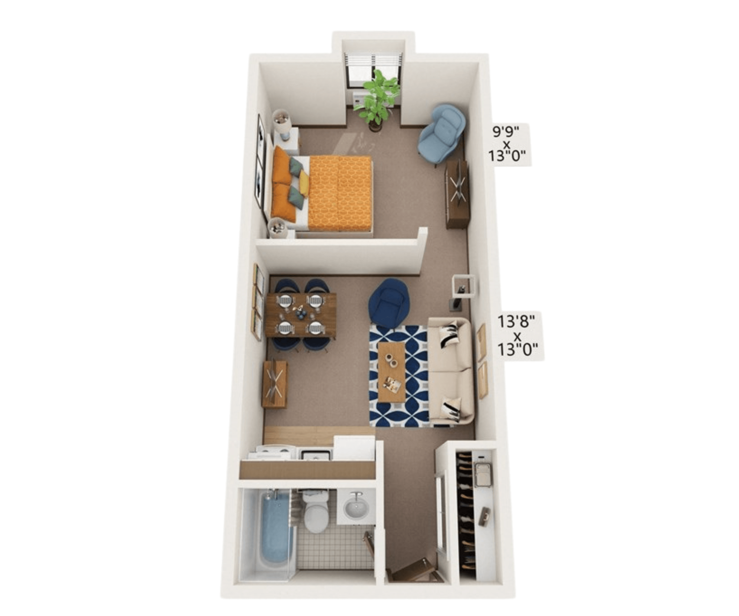 Studio floor plan at Della Plaza
