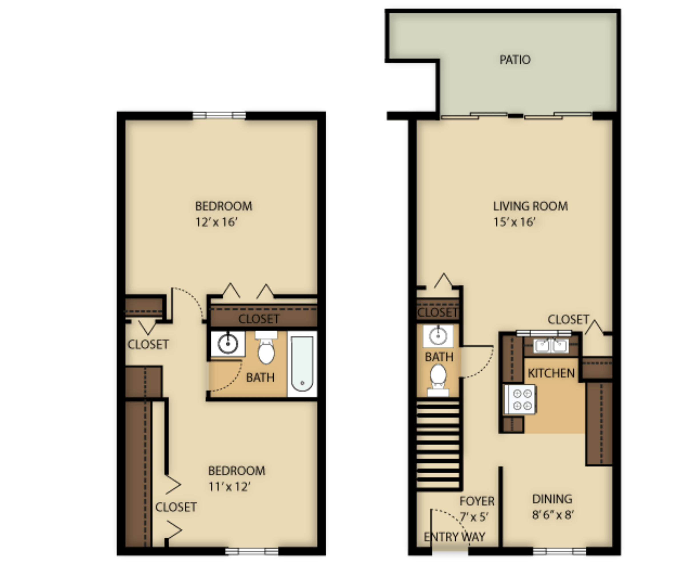 2 Bed  1.5 Bath Townhouse floor plan at Frick Park Village