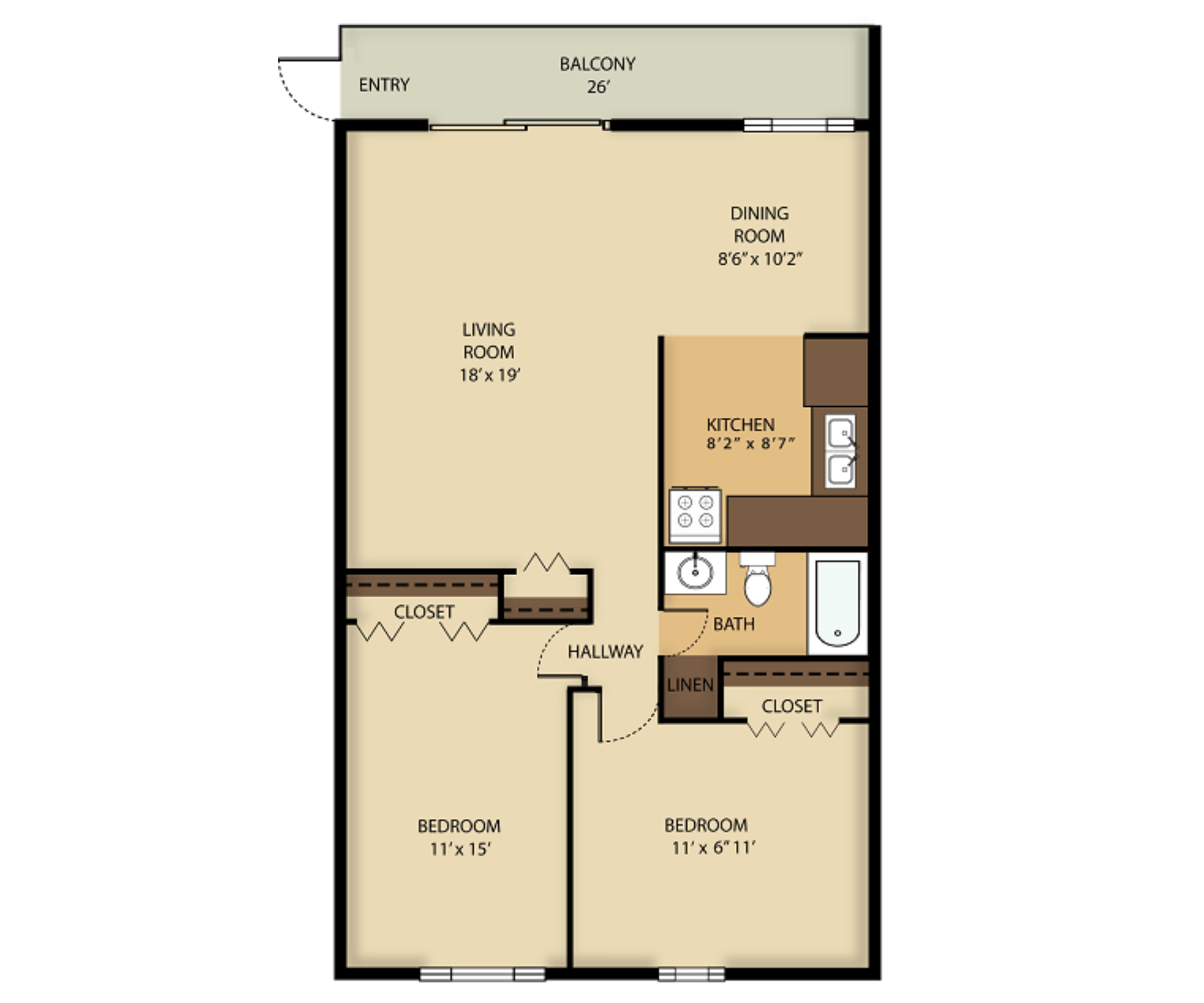 2 Bed  1 Bath floor plan at Frick Park Village