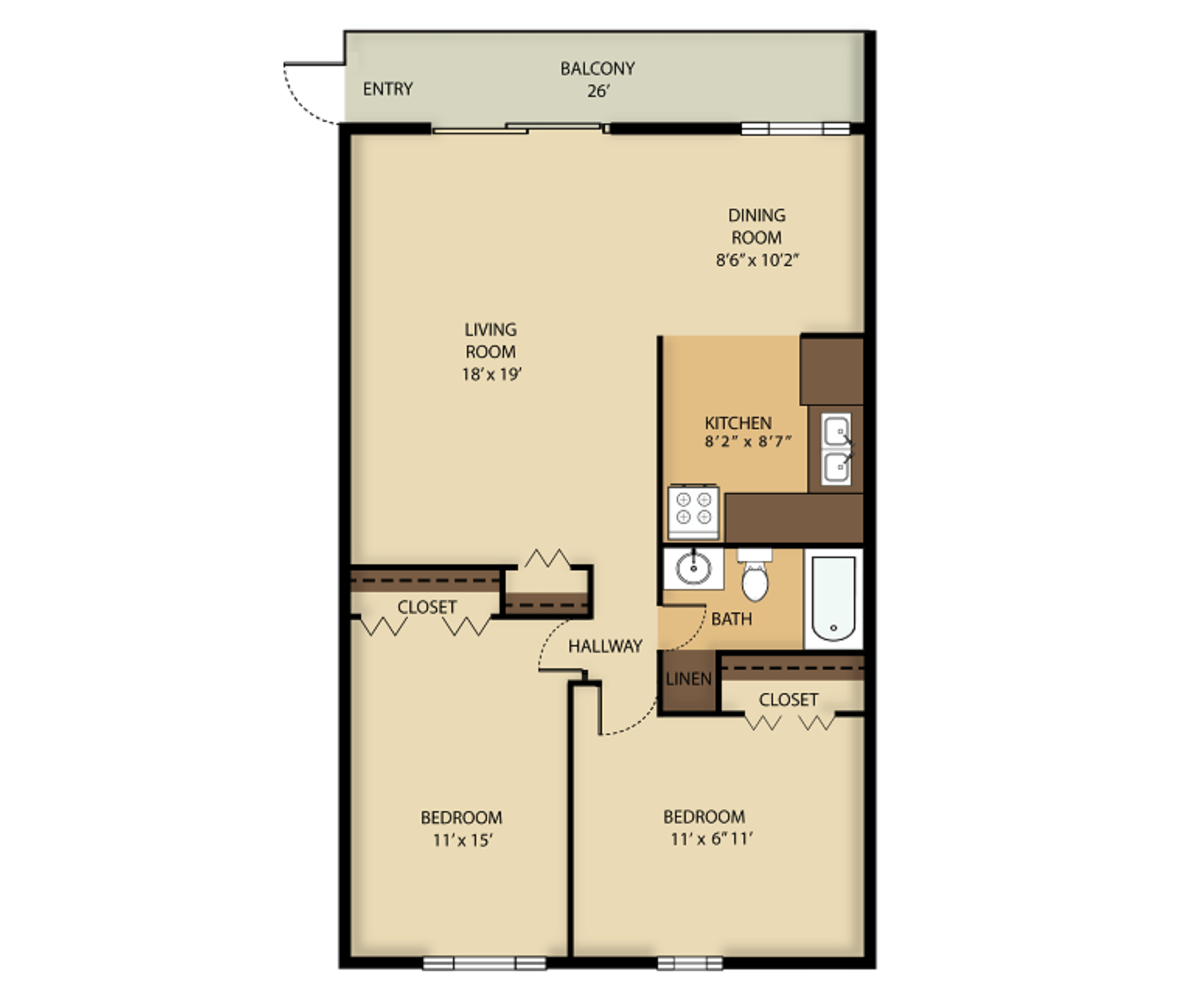 2 Bedroom  1 Bath floor plan at Green Acres