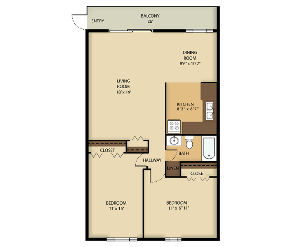 2 Bed  1 Bath floor plan at Highland Manor