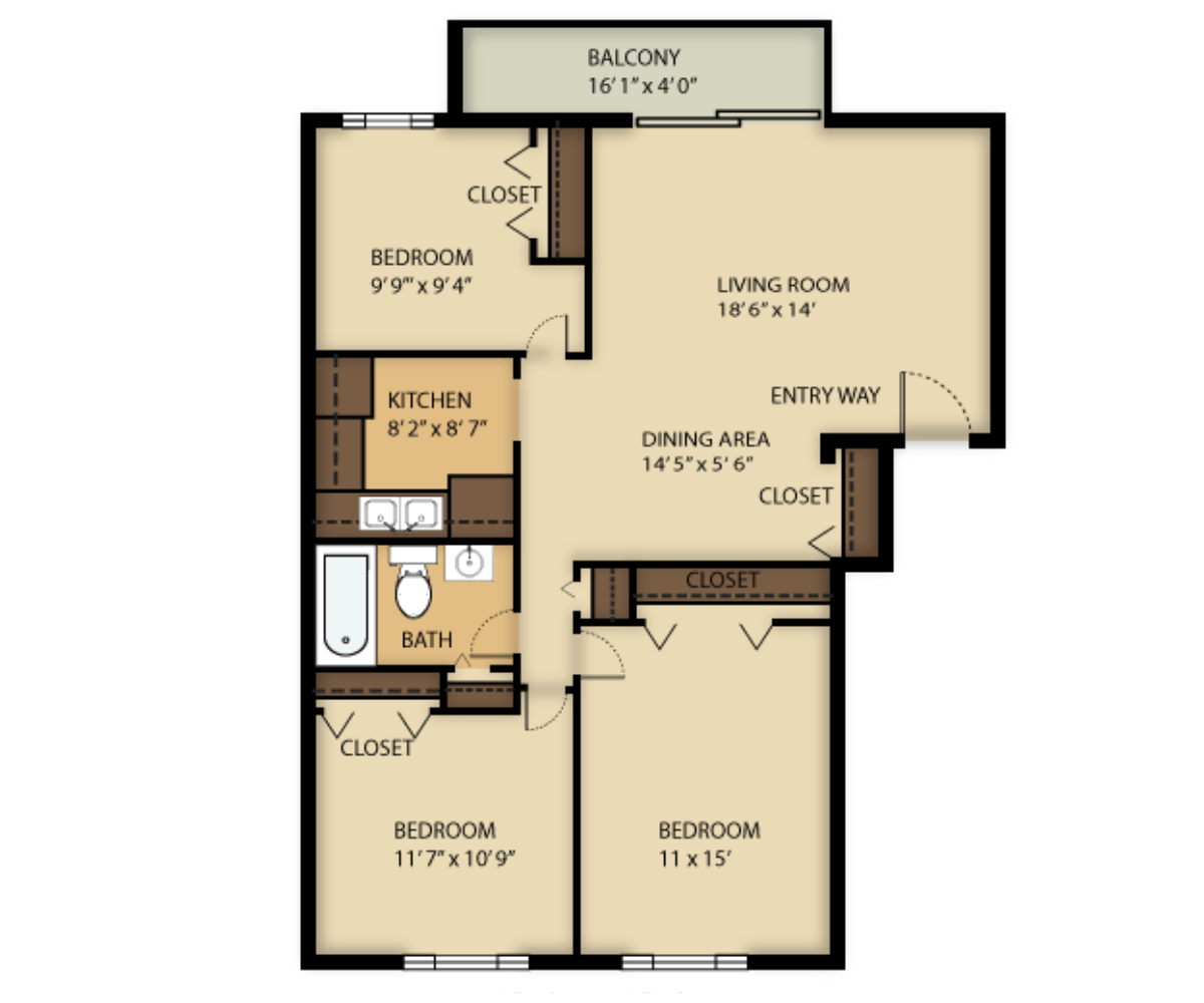 3 Bed  1 Bath floor plan at Highland Manor