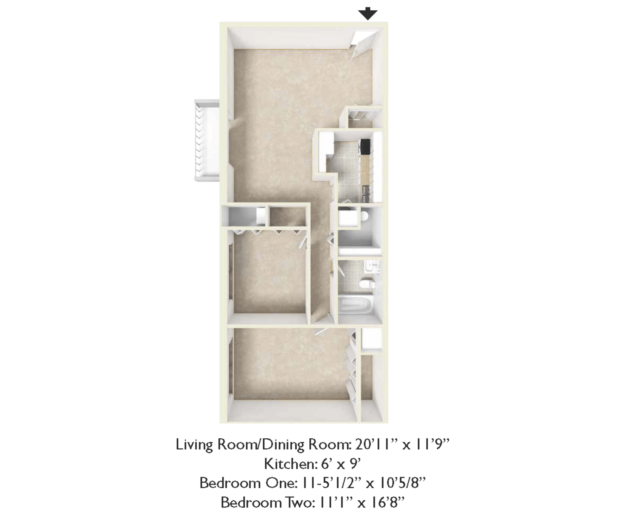 2 Bedroom  1 Bath floor plan at Markvue Apartments