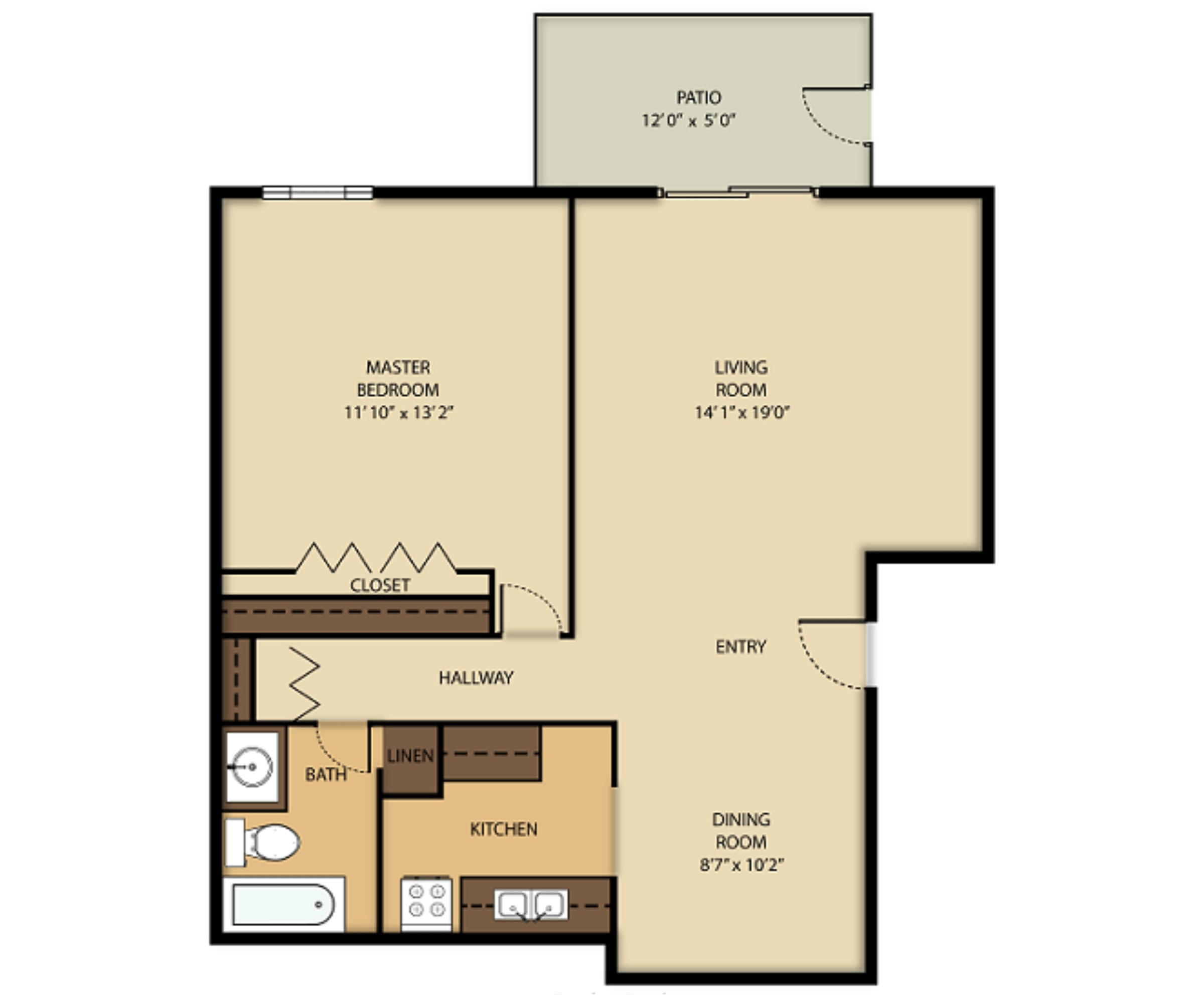 1 Bed   1 Bath floor plan at Oak Hill Apartments