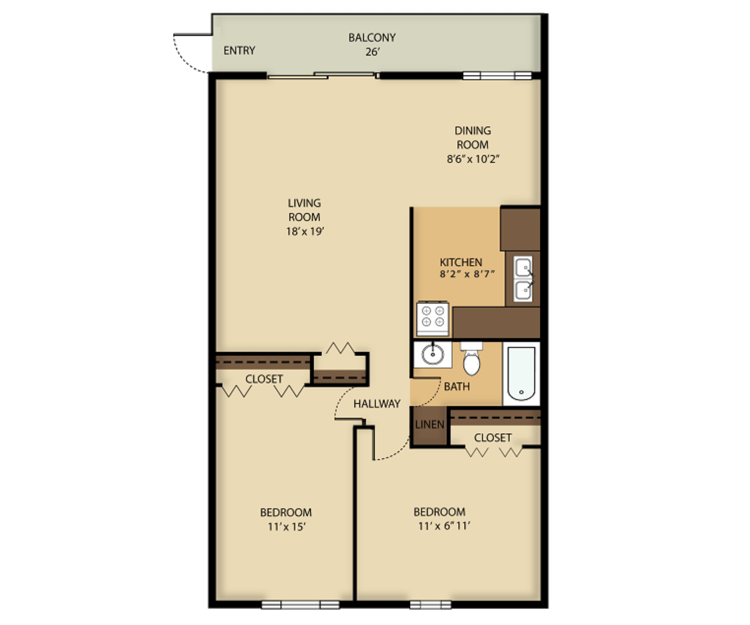 2 Bed   1 Bath floor plan at Oak Hill Apartments