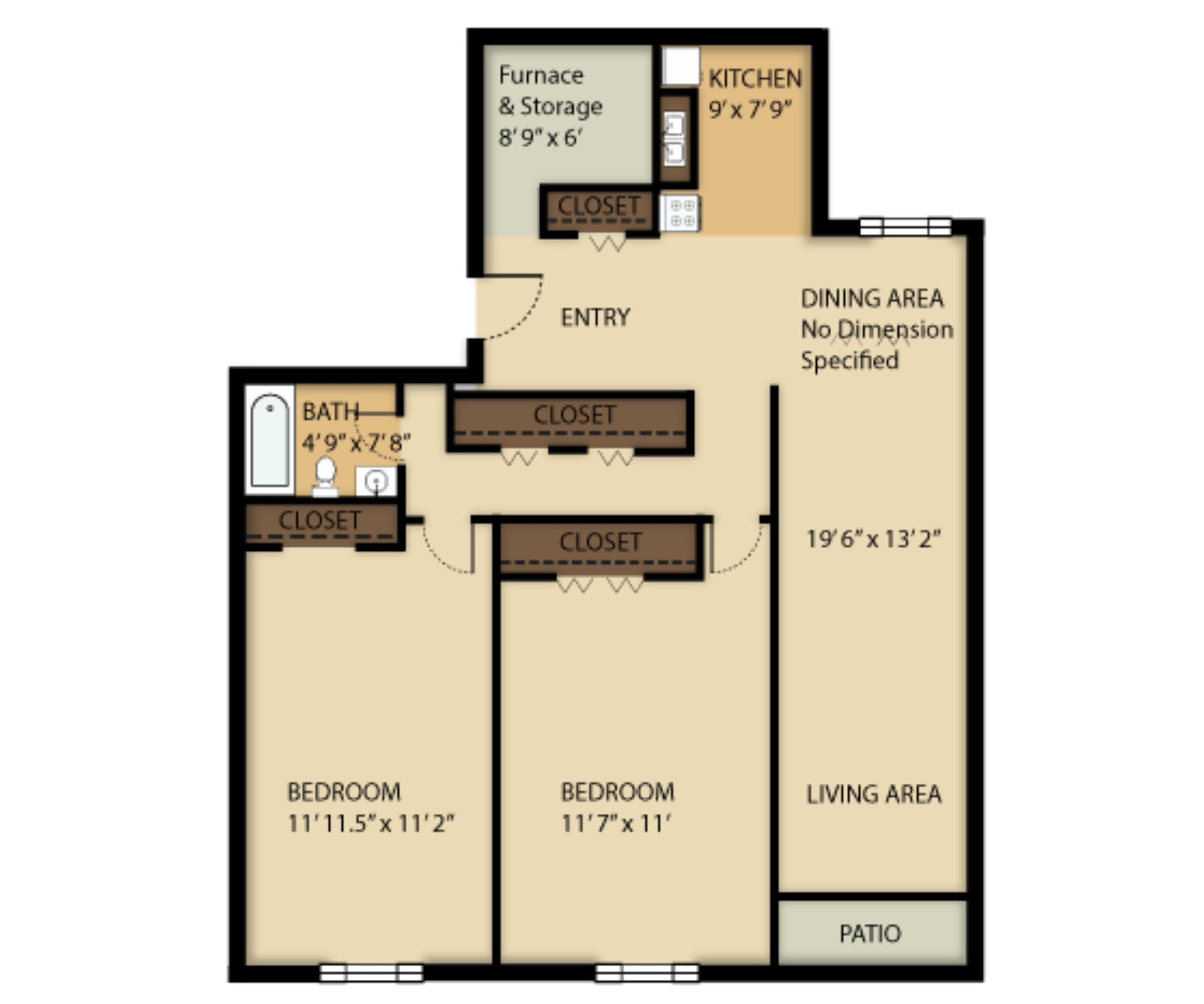 2 Bed 1 Bath floor plan at Roberta Gardens