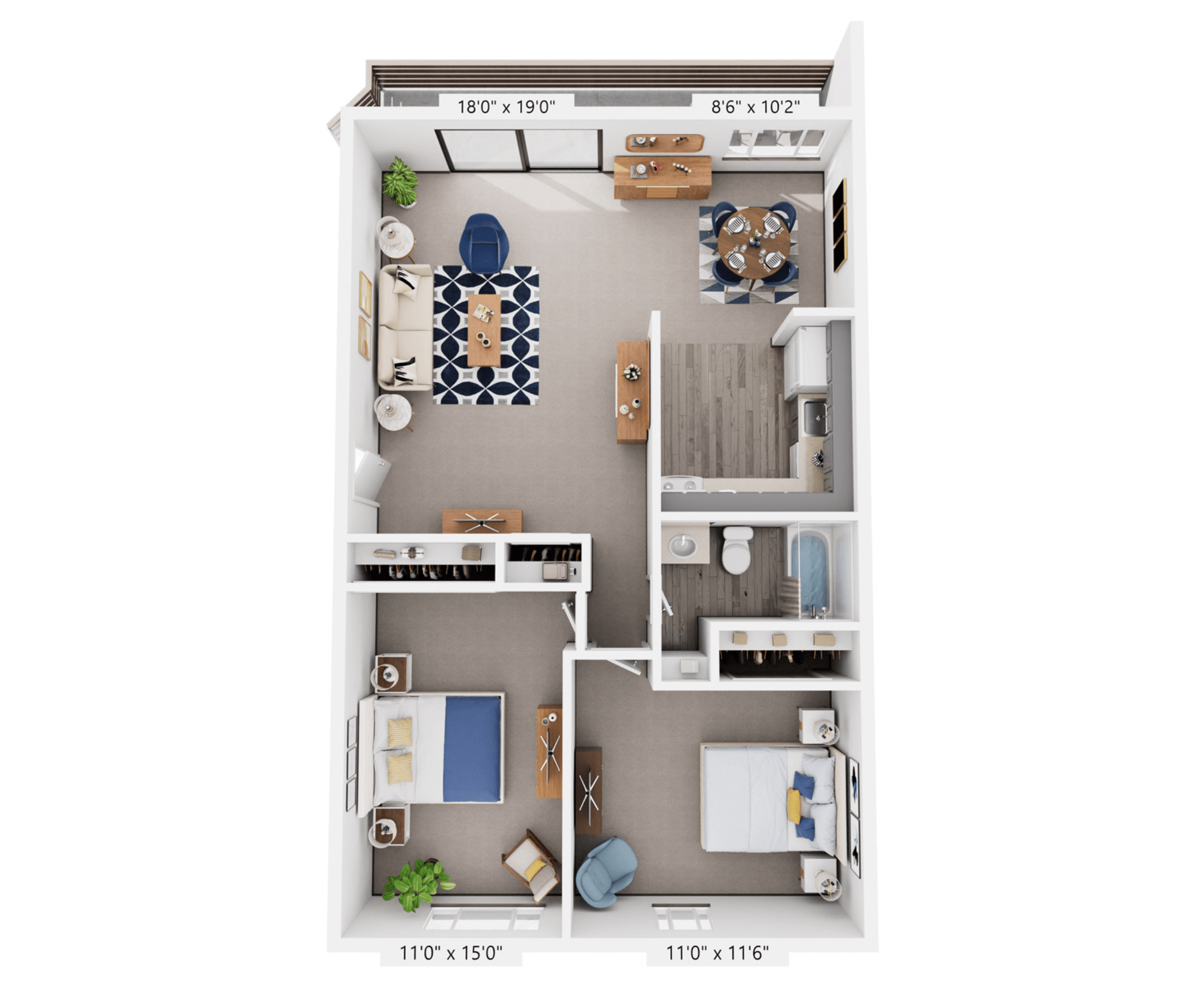 2 Bed   1 Bath floor plan at Versailles Castle