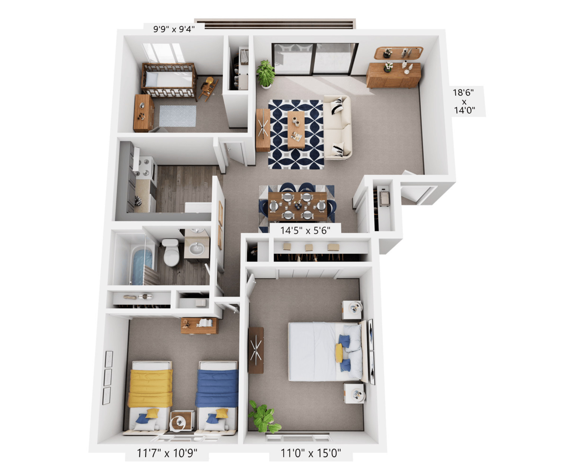 3 Bed   1 Bath floor plan at Versailles Castle