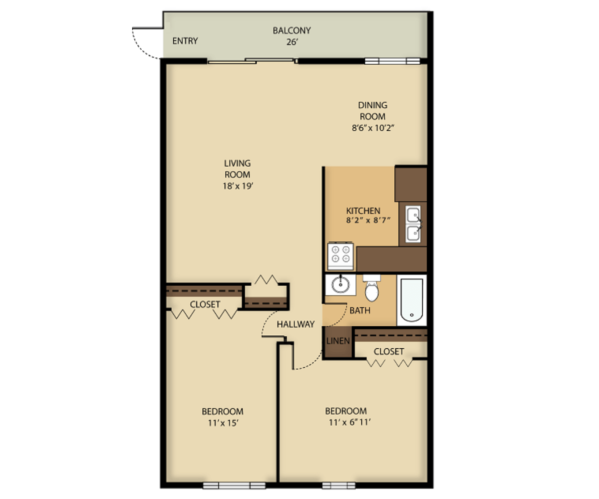 2 Bedrooms + 1 Bathroom floor plan at White Oak Farms