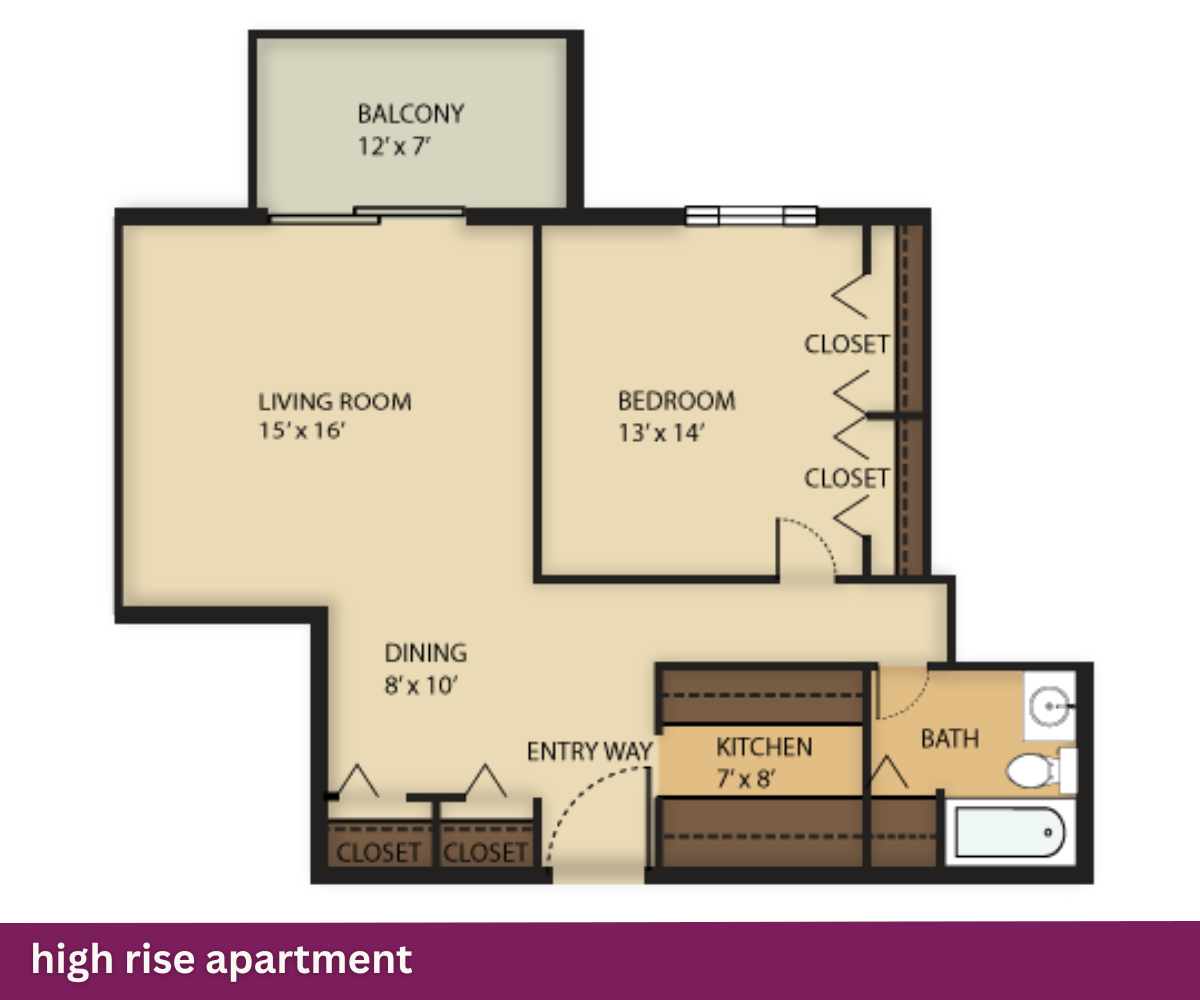 High Rise Apartment: 1 Bed + 1 Bath floor plan at White Oak Village