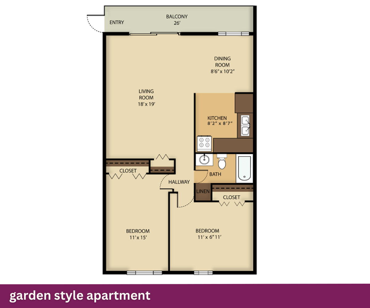 Garden Style Apartment: 2 Bed + 1 Bath floor plan at White Oak Village