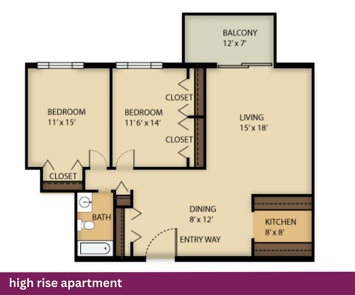 High Rise Apartment: 2 Bed + 1 Bath floor plan at White Oak Village