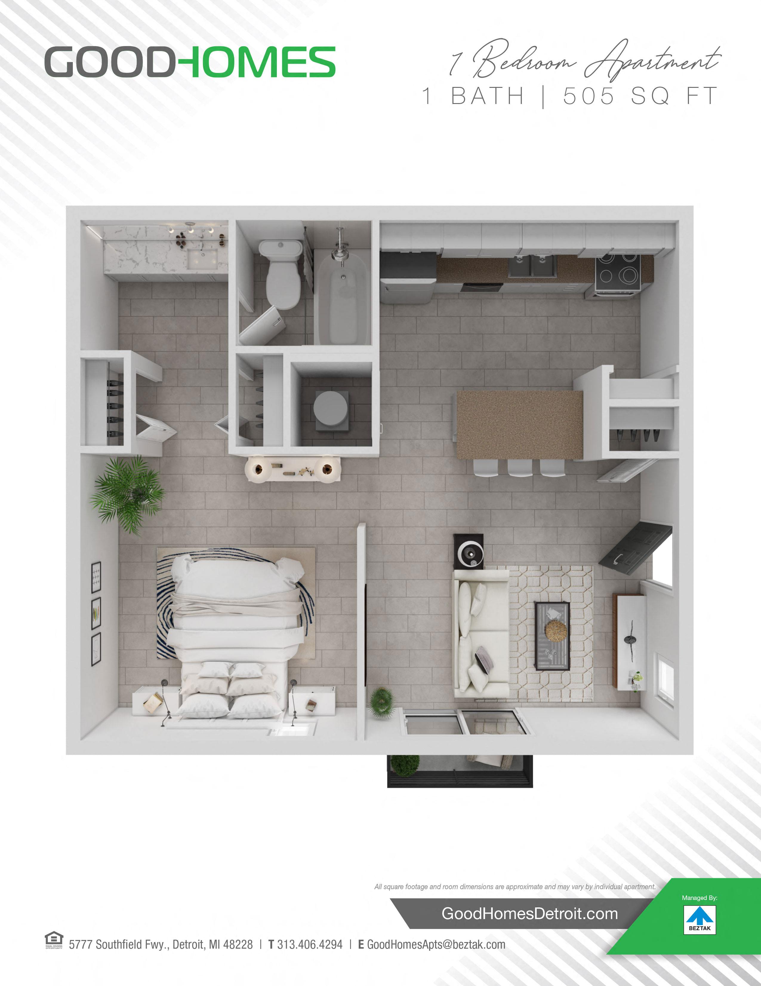 1 Bedroom 1 Bath floor plan