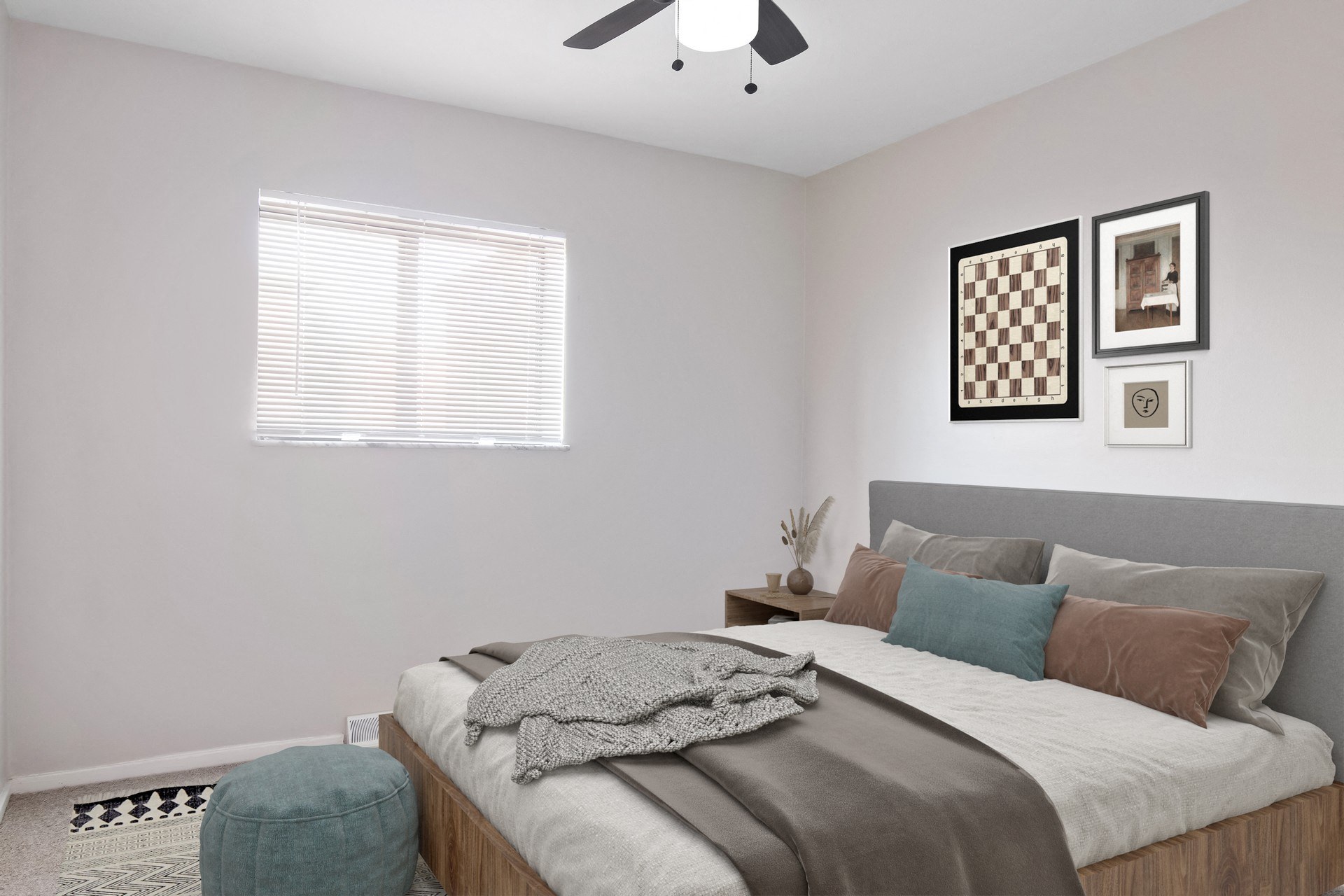 a bedroom with a ceiling fan and a window with a blind at Bedford Castle, Bedford Heights, OH 44146
