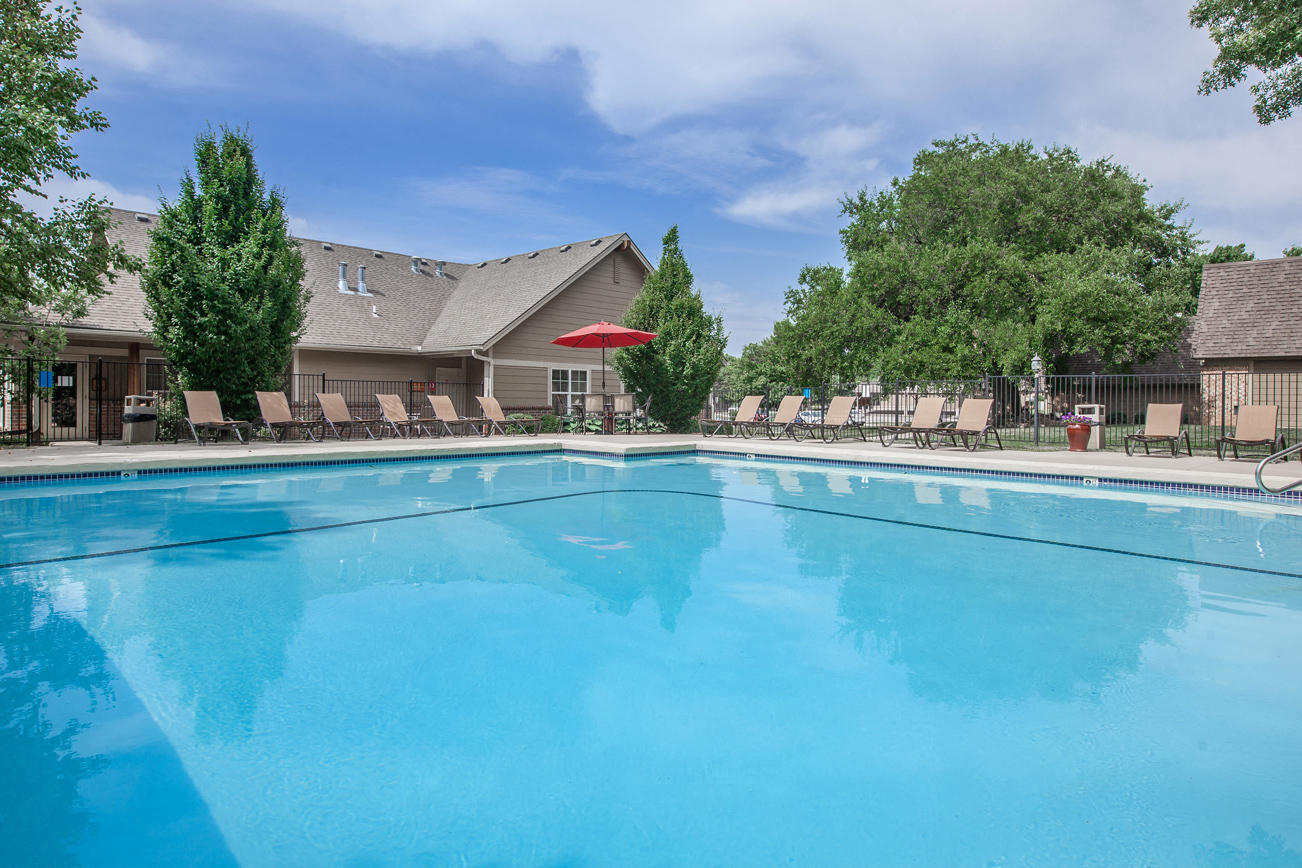 Pool view with buildingat Preston Court Apartments, Kansas, 66212