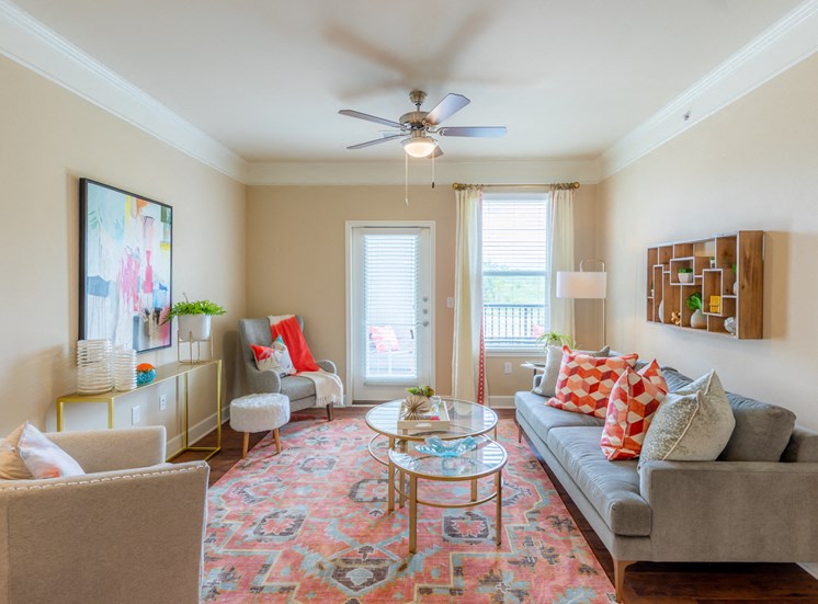 Living Room With Ceiling Fan at The Residences at Bluhawk Apartments, Overland Park, 66085