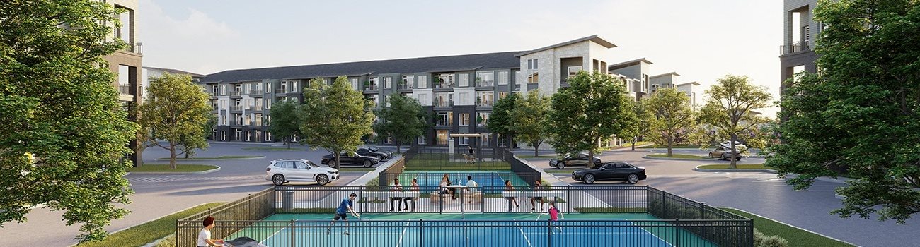 a rendering of an apartment complex with a pool in the foreground and a parking lot in the